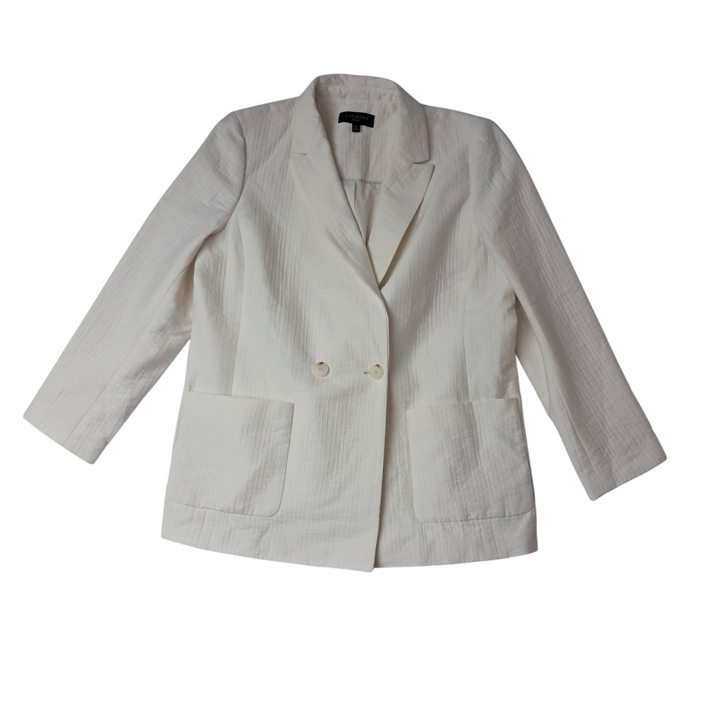 Talbots Blazer Jacket Womens 14 Petite White Double Breasted Textured Coastal